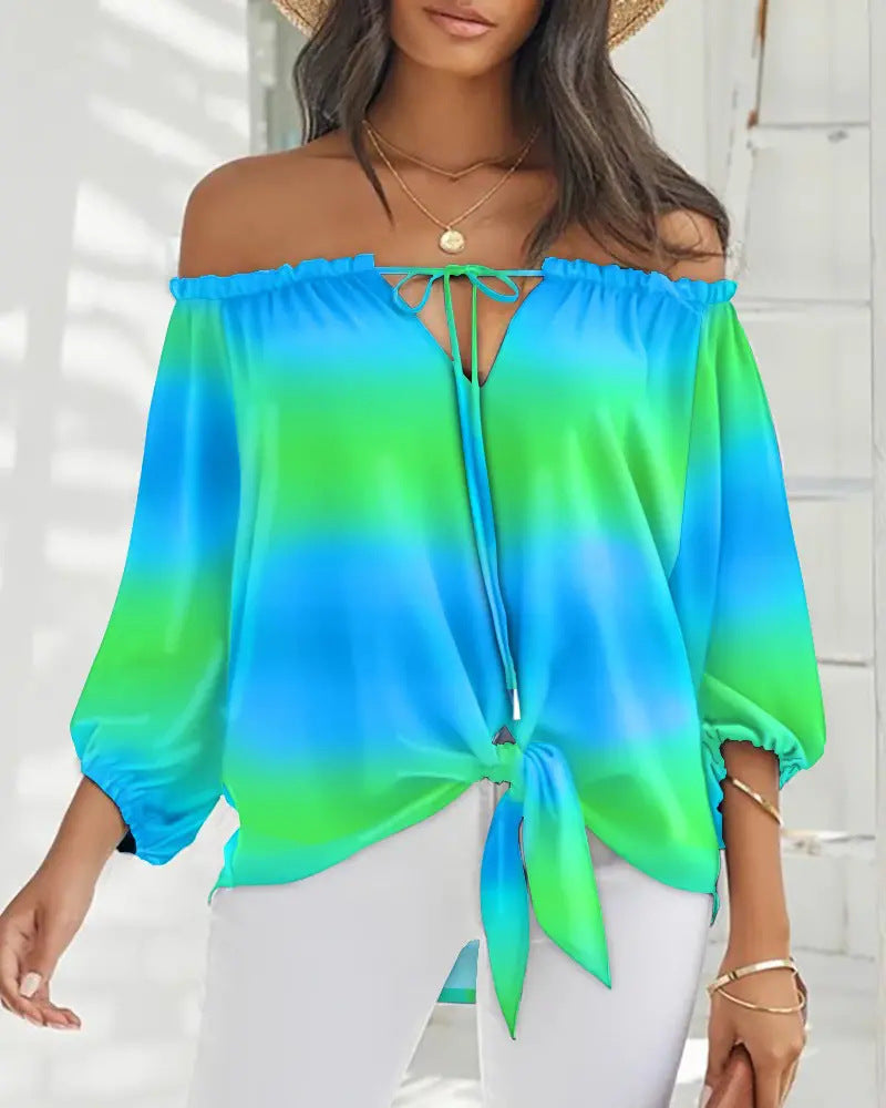 Lady Printed Off Shoulder /Vintage Womens Blouse / Chiffon clothing / Long Sleeve Pullover Tops