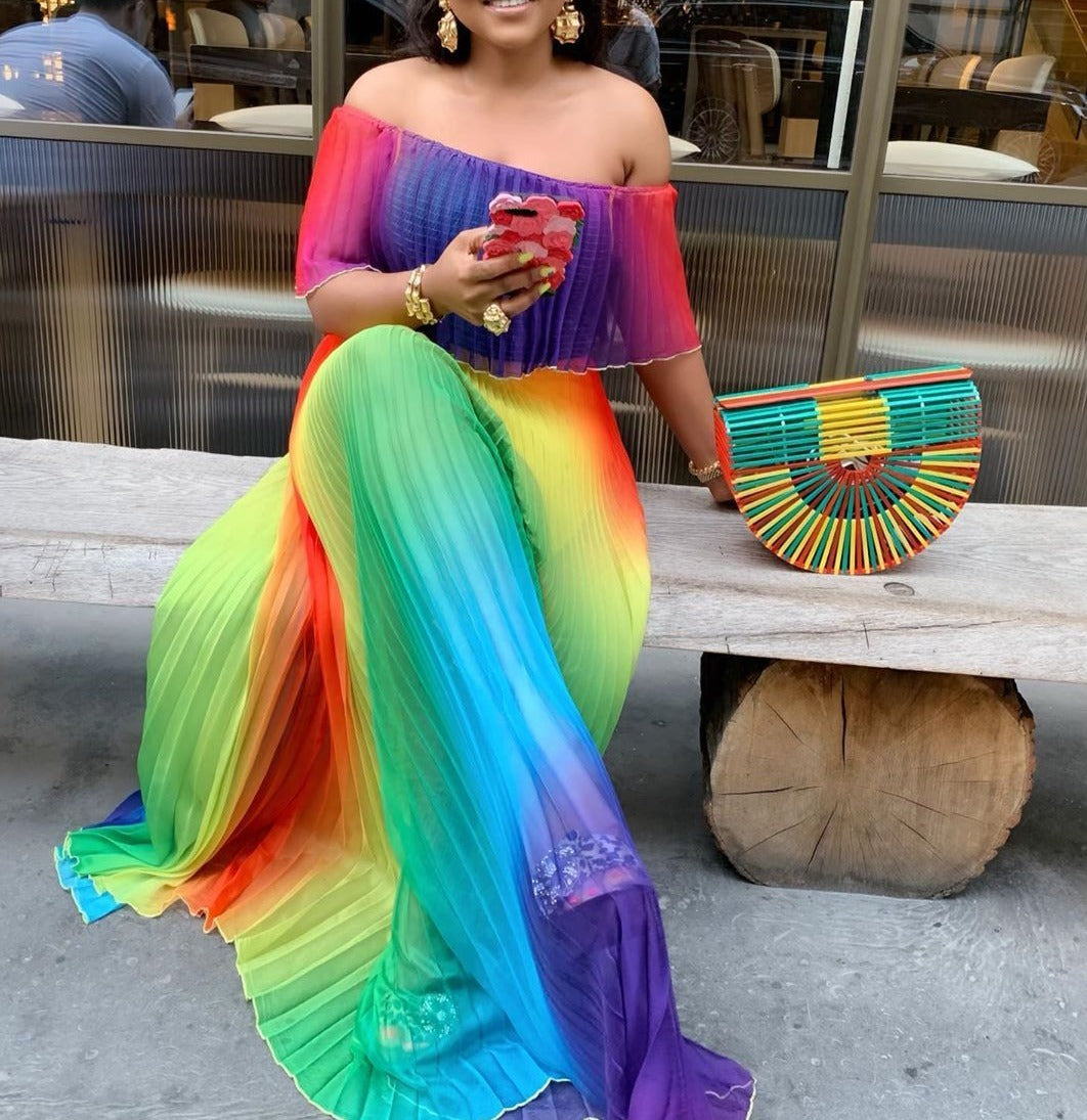 Women's Rainbow Coloured Off-shoulder Chiffon / Pleated Dress