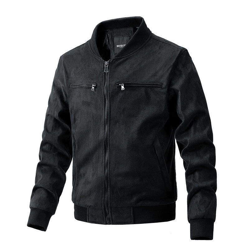 Men's Suede Stand Collar /Jacket Double Zipper Pocket Clothing
