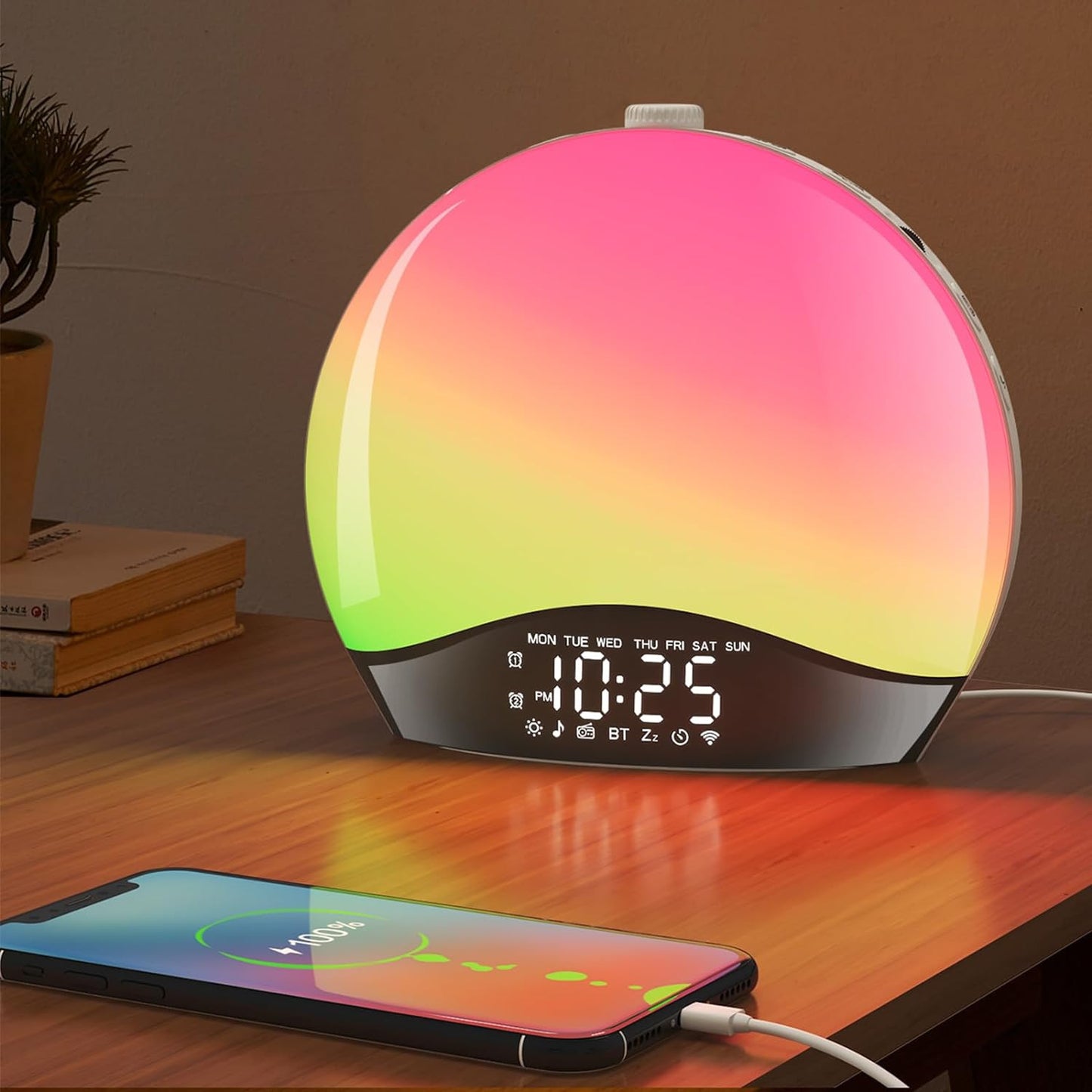 Multifunction Smart Alarm Clock, Charger, Radio, Wake Up Light Lamp, and Simulated Sunrise(Bluetooth)
