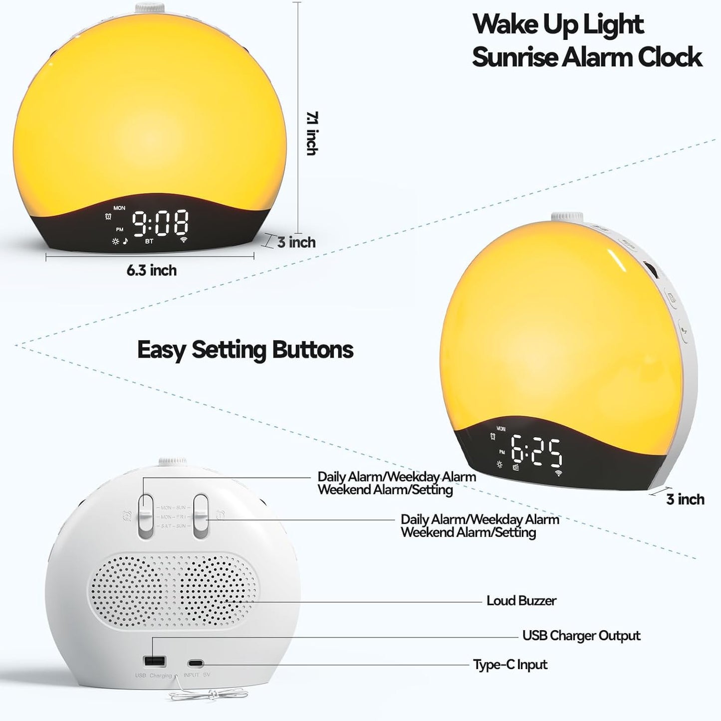 Multifunction Smart Alarm Clock, Charger, Radio, Wake Up Light Lamp, and Simulated Sunrise(Bluetooth)