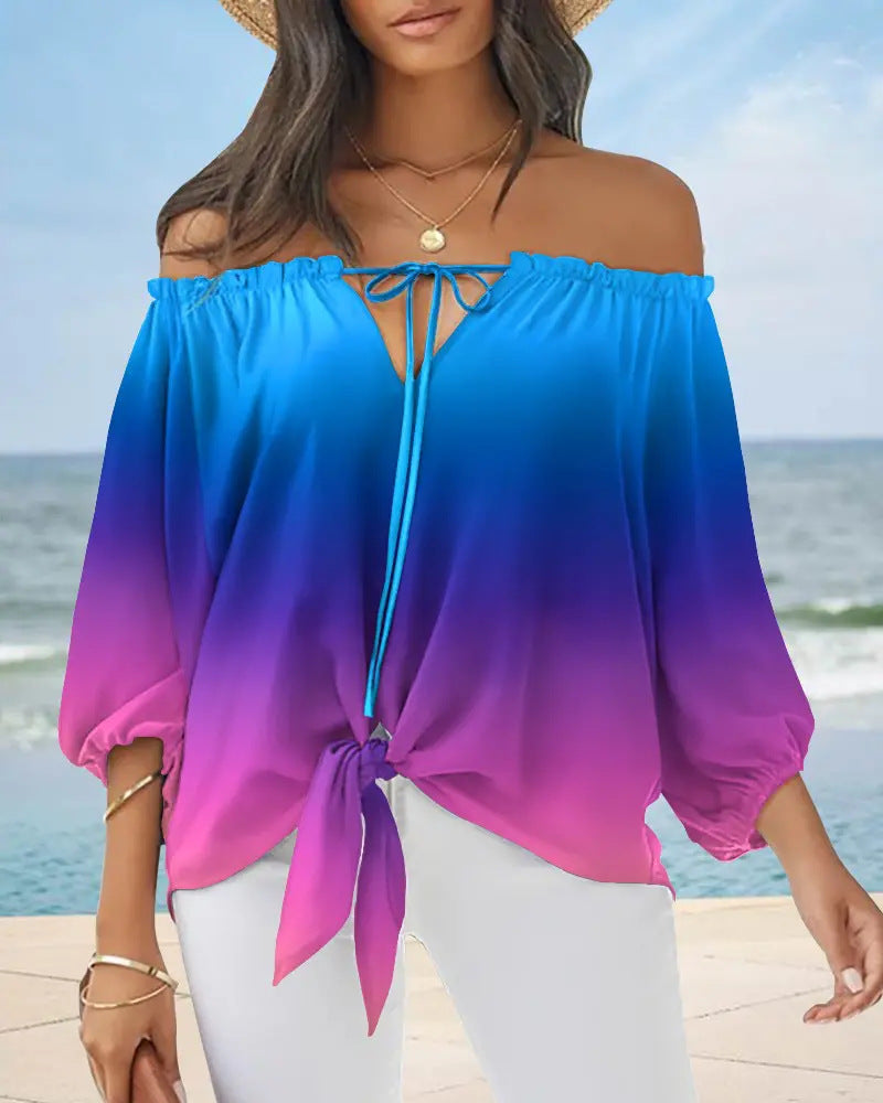 Lady Printed Off Shoulder /Vintage Womens Blouse / Chiffon clothing / Long Sleeve Pullover Tops