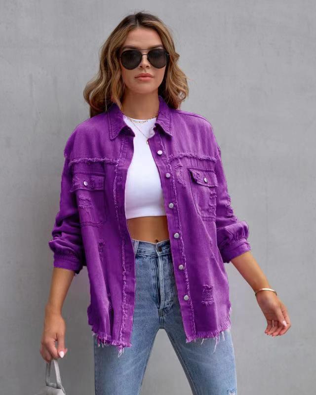 Women's Casual Tops: Autumn and Spring Fashion Shirt Jacket with Ripped Design