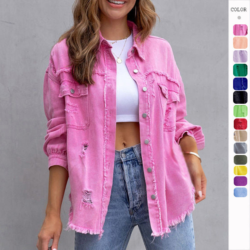 Women's Casual Tops: Autumn and Spring Fashion Shirt Jacket with Ripped Design