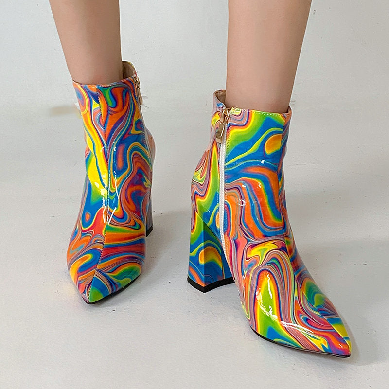 Women's Coloured Abstract Martin Boots -Leather (Pointy)