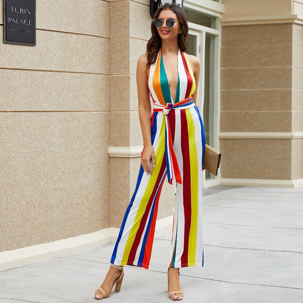 Women's Plunging V-Neck Striped Jumpsuit