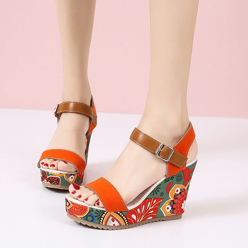 Womens Embroidered High Wedge Sandals