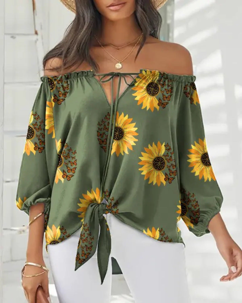 Lady Printed Off Shoulder /Vintage Womens Blouse / Chiffon clothing / Long Sleeve Pullover Tops