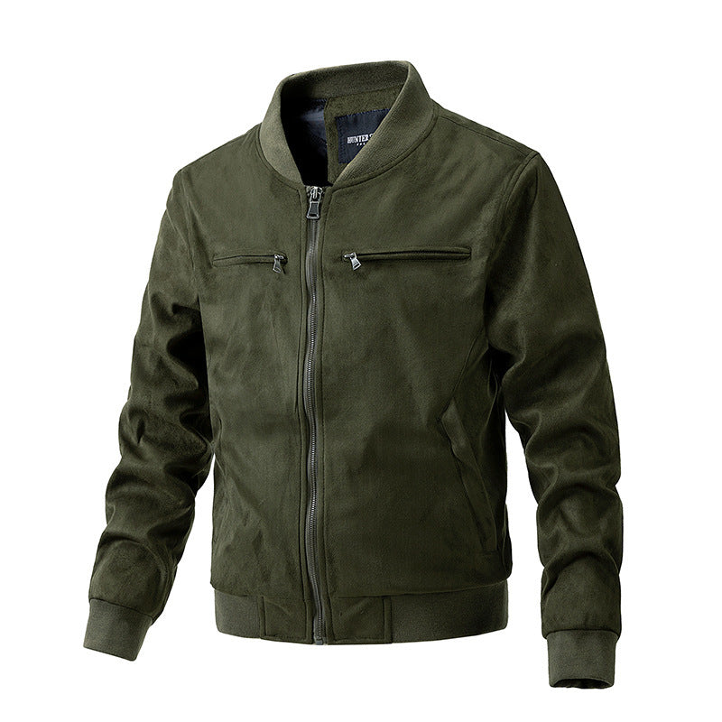 Men's Suede Stand Collar /Jacket Double Zipper Pocket Clothing