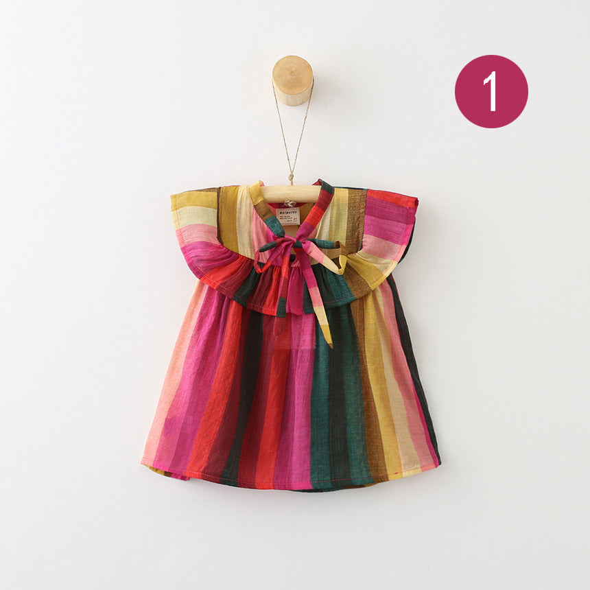 Striped Shirt Dress with Vibrant Flounced Sleeves and Bow Detail