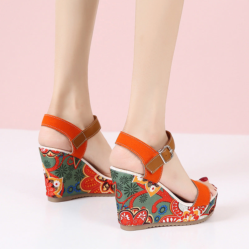 Womens Embroidered High Wedge Sandals