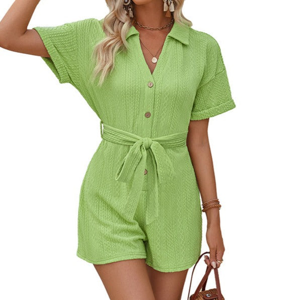 Pastel Short-sleeved /Jumpsuit Lace-up Turn-down Collar Solid Clothing