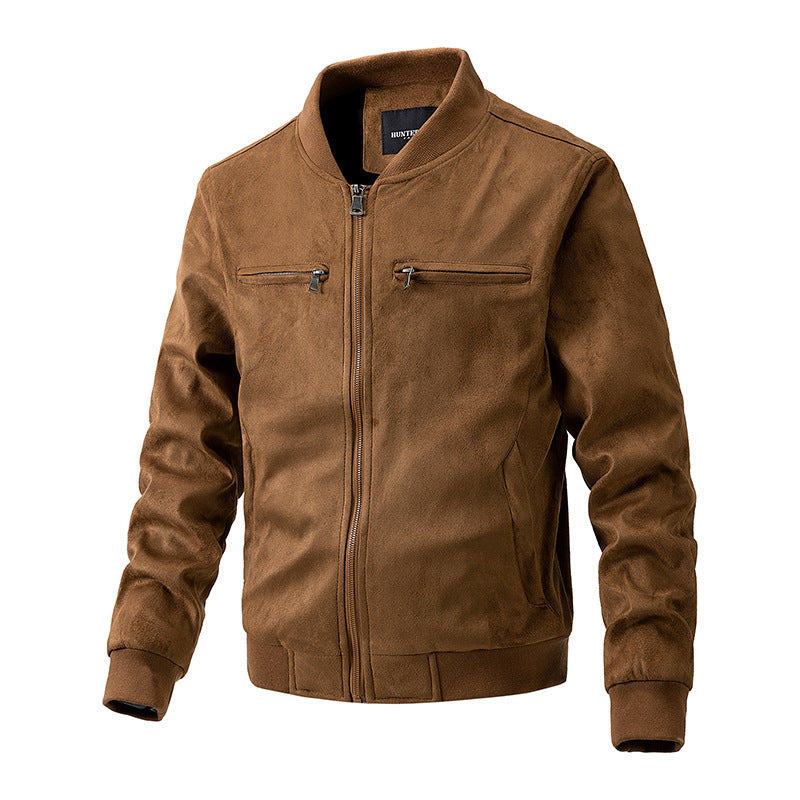 Men's Suede Stand Collar /Jacket Double Zipper Pocket Clothing