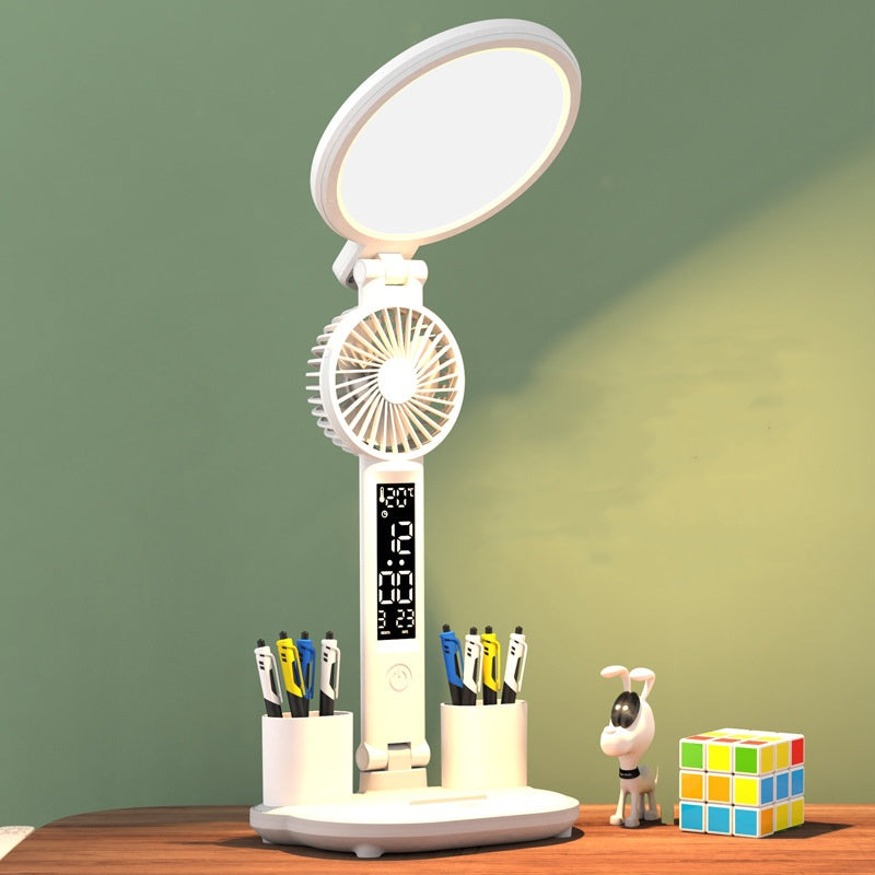 Multi-Functional Plug-in Fan/LED Clock /Table Dimmable Lamp /USB Chargeable /Light Foldable