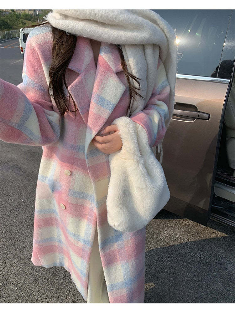 Exquisite Women's Long Coat Crafted from Vibrant Rainbow Wool