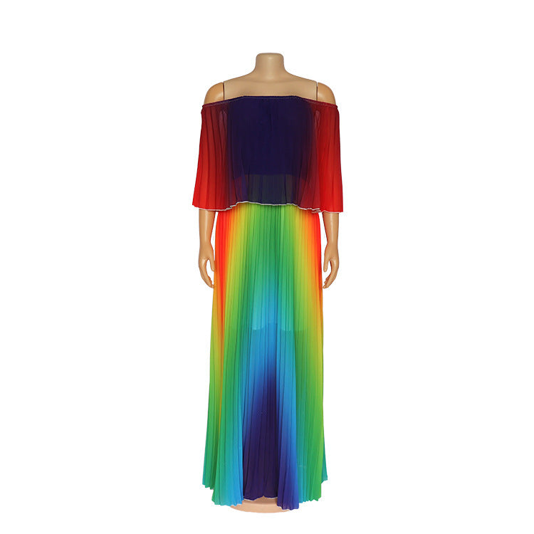 Women's Rainbow Coloured Off-shoulder Chiffon / Pleated Dress