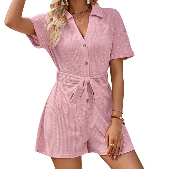 Pastel Short-sleeved /Jumpsuit Lace-up Turn-down Collar Solid Clothing