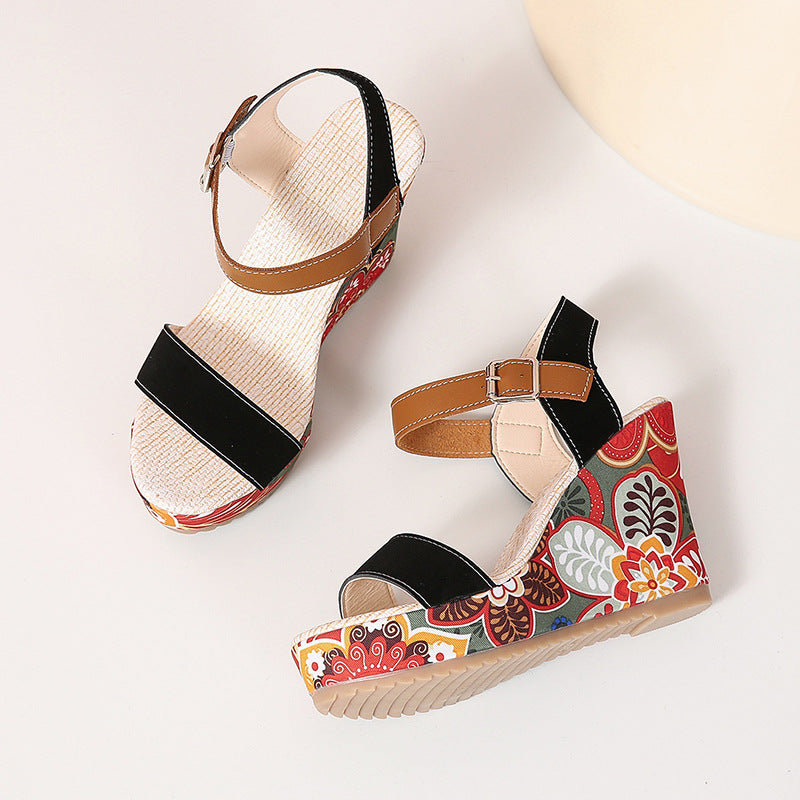 Womens Embroidered High Wedge Sandals