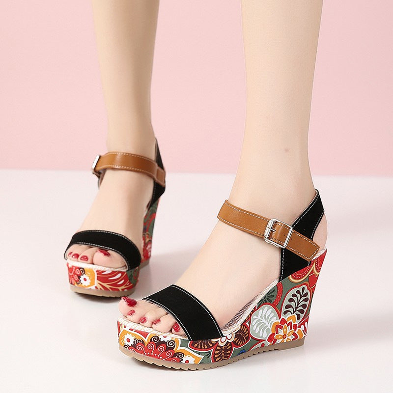 Womens Embroidered High Wedge Sandals