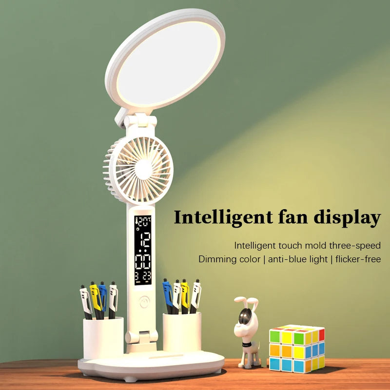 Multi-Functional Plug-in Fan/LED Clock /Table Dimmable Lamp /USB Chargeable /Light Foldable