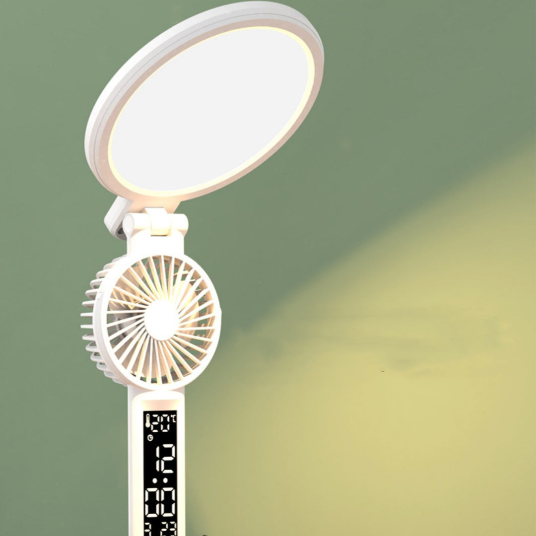Multi-Functional Plug-in Fan/LED Clock /Table Dimmable Lamp /USB Chargeable /Light Foldable