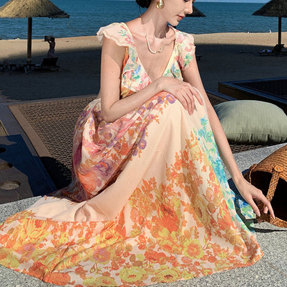 Women's V-neck Ruffle Sleeve, Maxi Long Dress, Summer Romantic French-Style Floral Print Bow-knot Backless Design Style