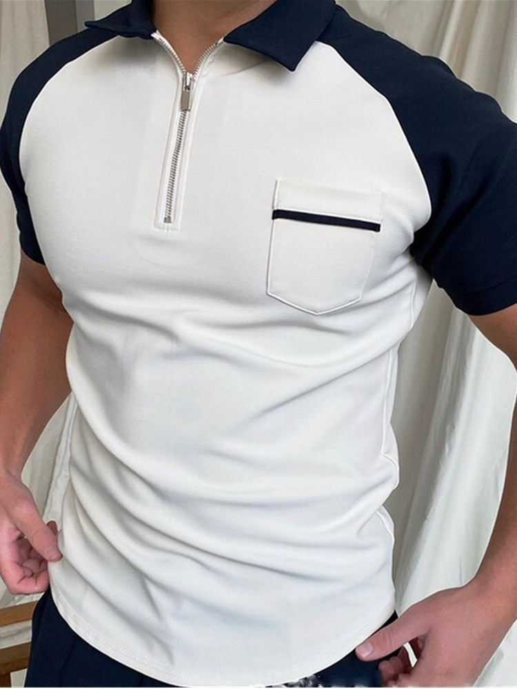 Men's Striped Stand-Collar Short Sleeve Polo Tee