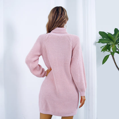 Winter Turtleneck Long Sweater Dress: Chic Button Design, Leisurely Clinched Sleeves, Women's Base Sweater