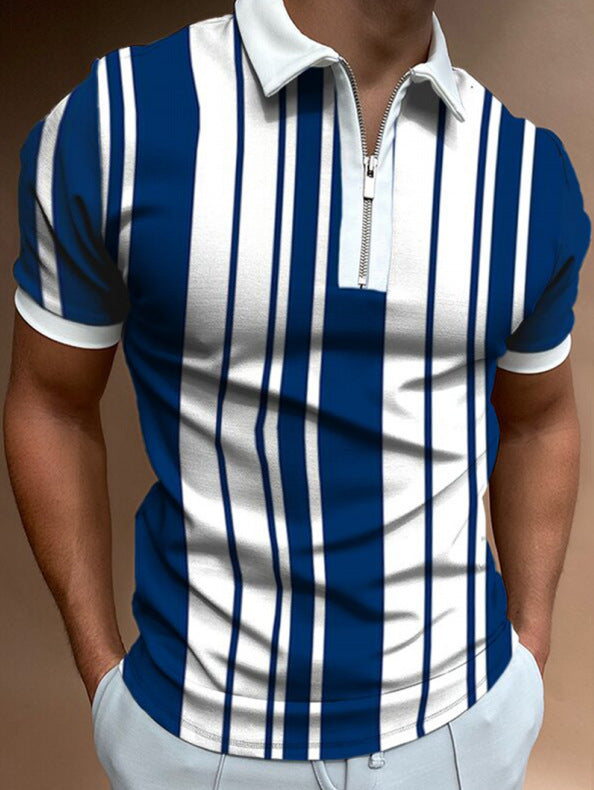 Men's Striped Stand-Collar Short Sleeve Polo Tee