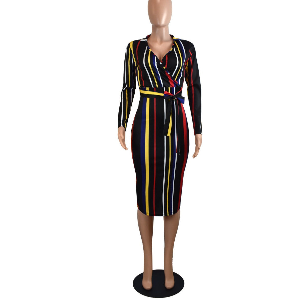 Elegant Office Ensemble: Women's Stylish V-Neck Striped Dress with Long Sleeves