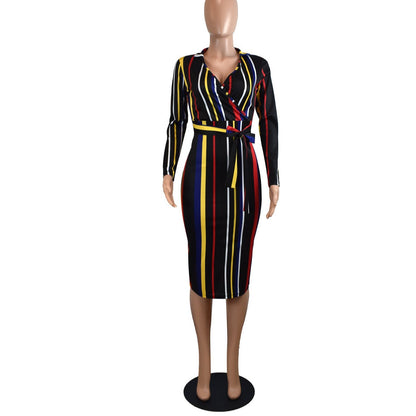 Elegant Office Ensemble: Women's Stylish V-Neck Striped Dress with Long Sleeves