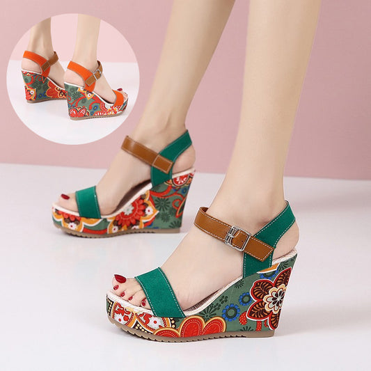 Womens Embroidered High Wedge Sandals