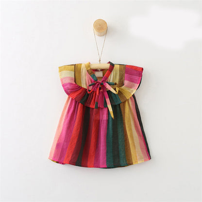 Striped Shirt Dress with Vibrant Flounced Sleeves and Bow Detail