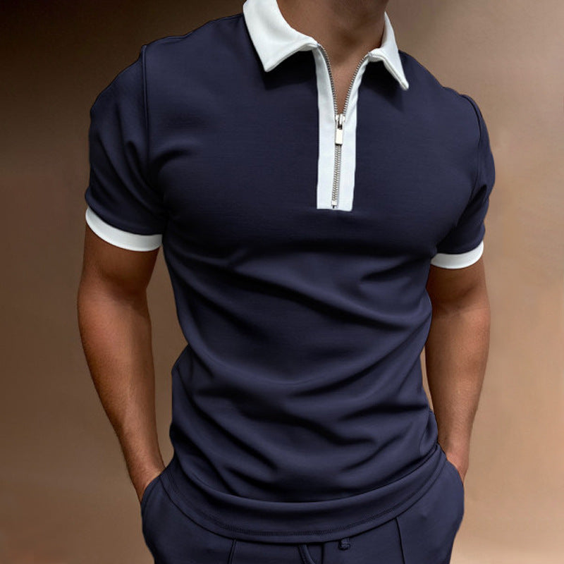 Men's Striped Stand-Collar Short Sleeve Polo Tee