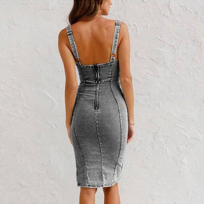 Chic Summer Denim Dress: Slim Fit, U-Neck, Slit Design