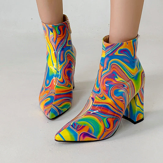 Women's Coloured Abstract Martin Boots -Leather (Pointy)