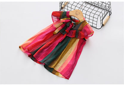 Striped Shirt Dress with Vibrant Flounced Sleeves and Bow Detail