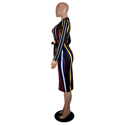 Elegant Office Ensemble: Women's Stylish V-Neck Striped Dress with Long Sleeves