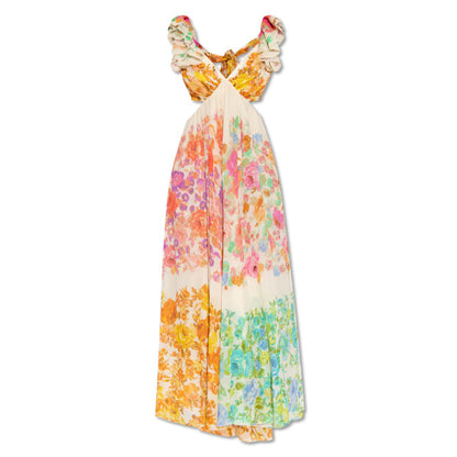 Women's V-neck Ruffle Sleeve, Maxi Long Dress, Summer Romantic French-Style Floral Print Bow-knot Backless Design Style