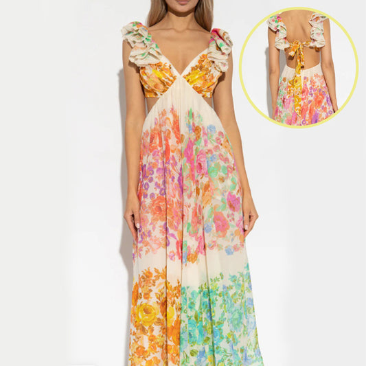 Women's V-neck Ruffle Sleeve, Maxi Long Dress, Summer Romantic French-Style Floral Print Bow-knot Backless Design Style