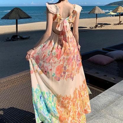 Women's V-neck Ruffle Sleeve, Maxi Long Dress, Summer Romantic French-Style Floral Print Bow-knot Backless Design Style