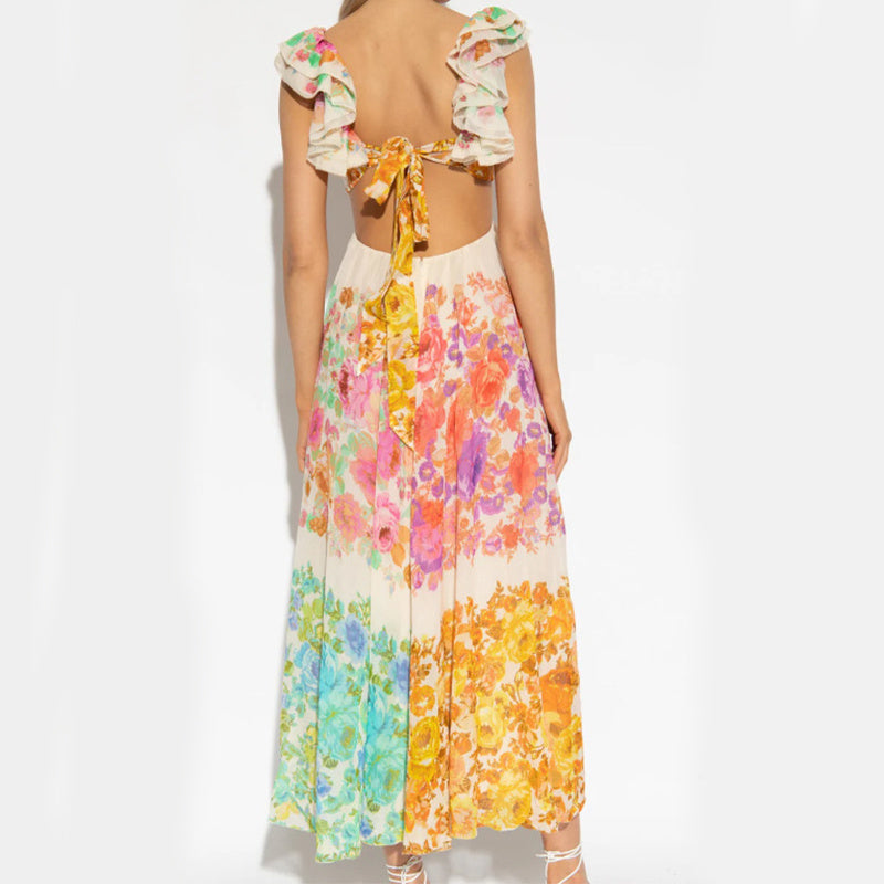 Women's V-neck Ruffle Sleeve, Maxi Long Dress, Summer Romantic French-Style Floral Print Bow-knot Backless Design Style