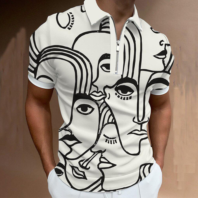 Men's Striped Stand-Collar Short Sleeve Polo Tee