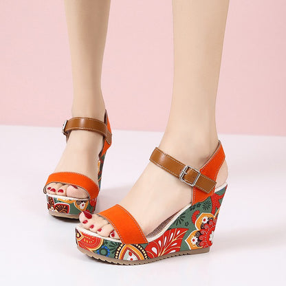 Womens Embroidered High Wedge Sandals