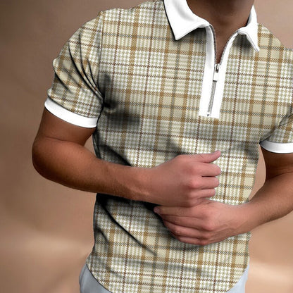 Men's Striped Stand-Collar Short Sleeve Polo Tee