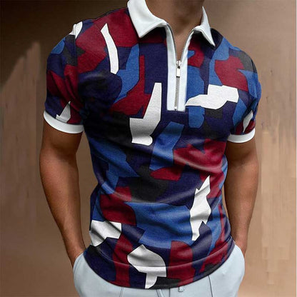 Men's Striped Stand-Collar Short Sleeve Polo Tee
