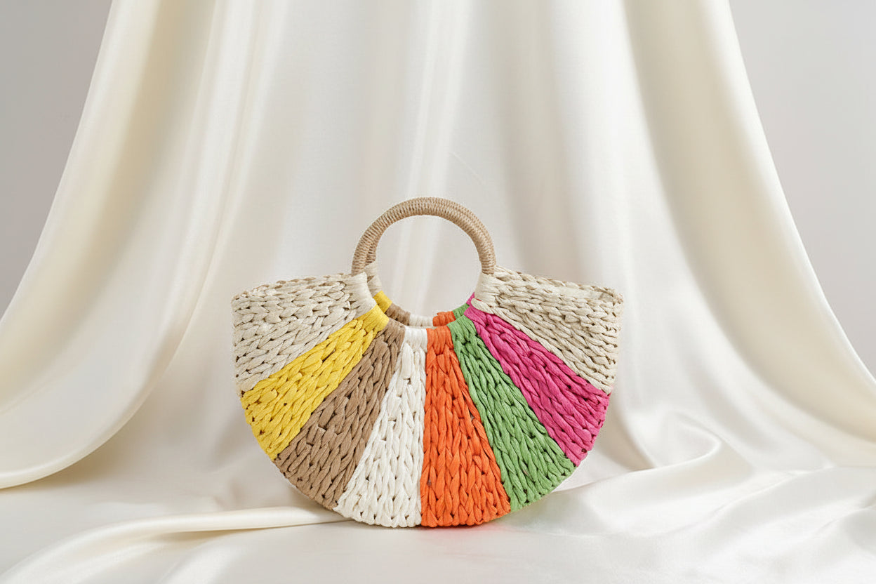 Women's Rainbow Woven Straw Beach Bag