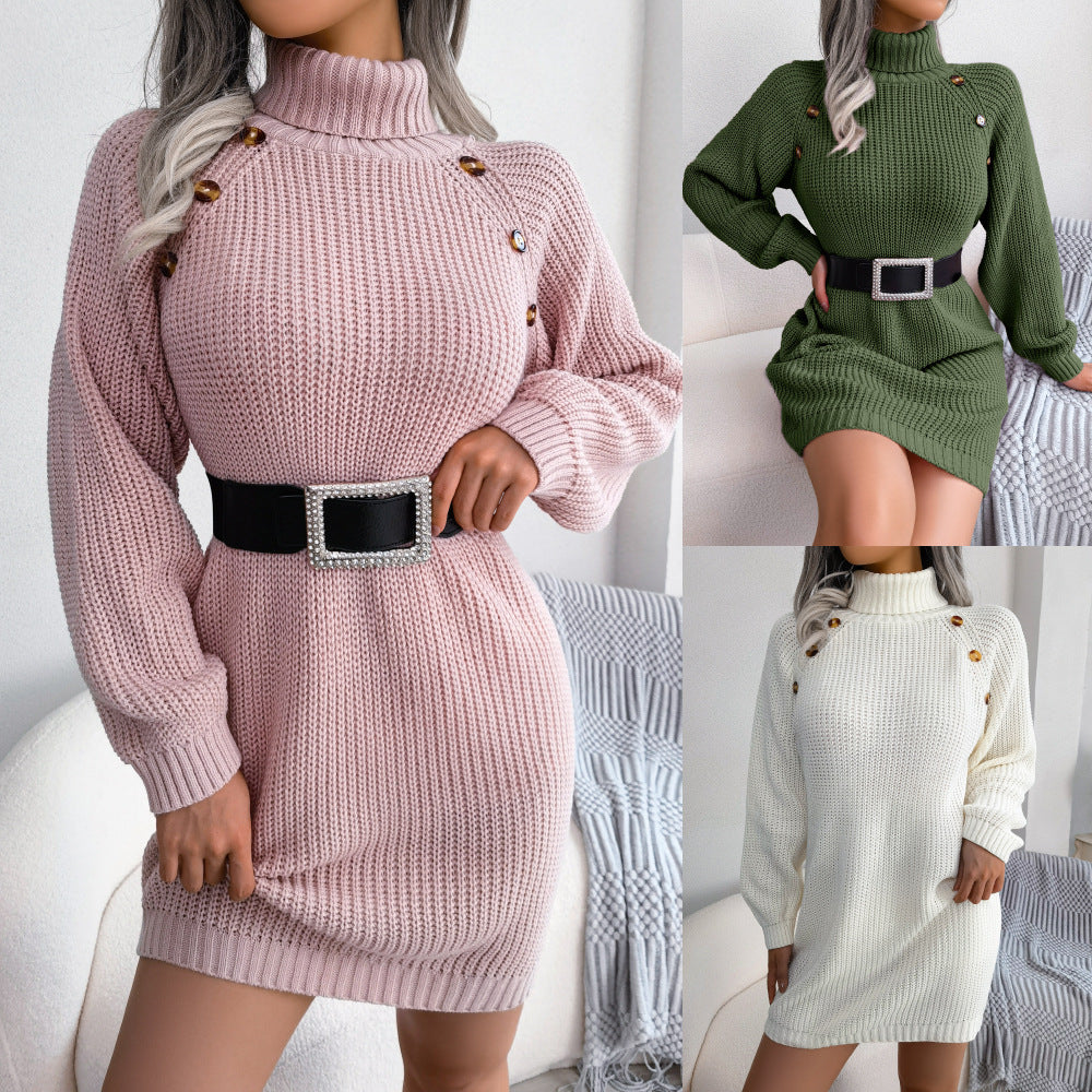 Winter Turtleneck Long Sweater Dress: Chic Button Design, Leisurely Clinched Sleeves, Women's Base Sweater