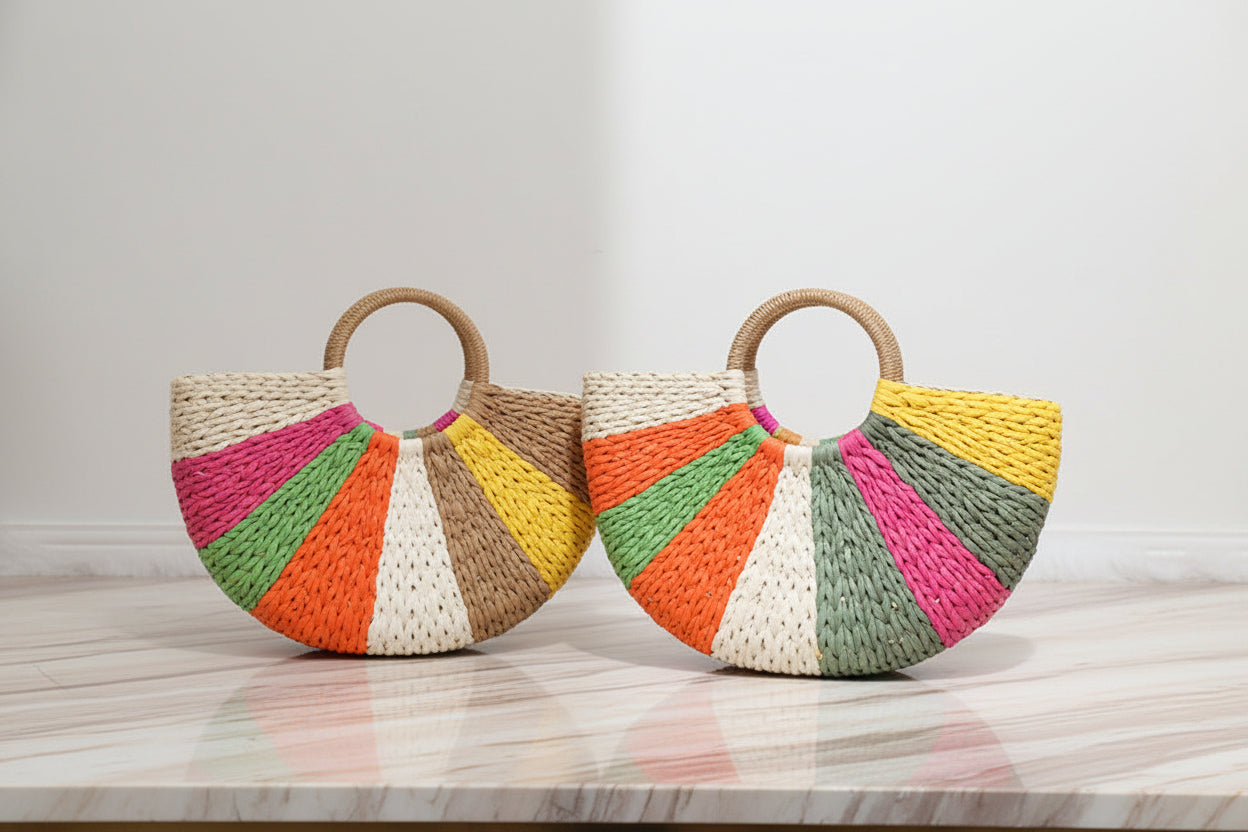 Women's Rainbow Woven Straw Beach Bag