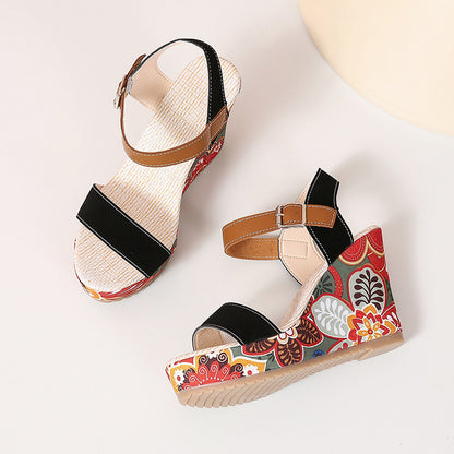 Womens Embroidered High Wedge Sandals
